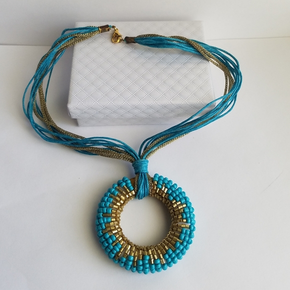 Turquoise Gold Beaded Statement Necklace Handmade NEW